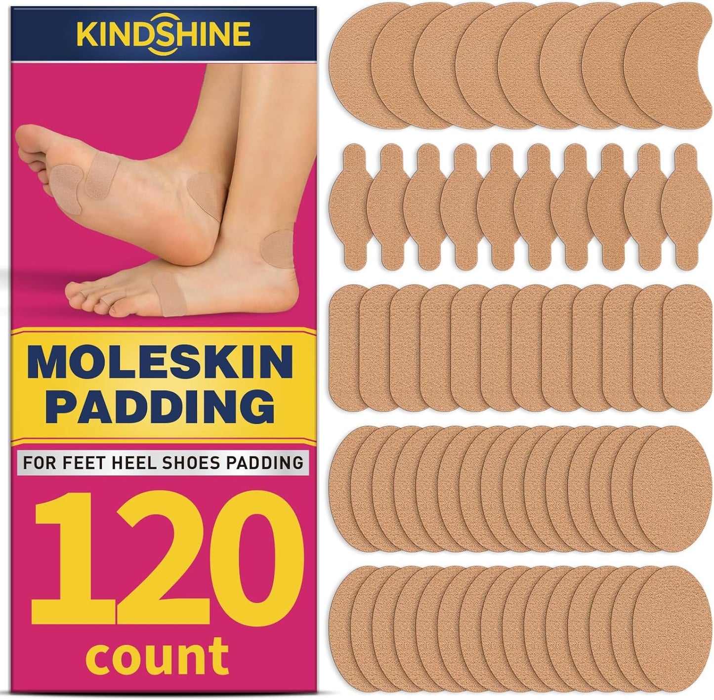 Kindshine 120 Pieces Moleskin Strips front view blister prevention pads