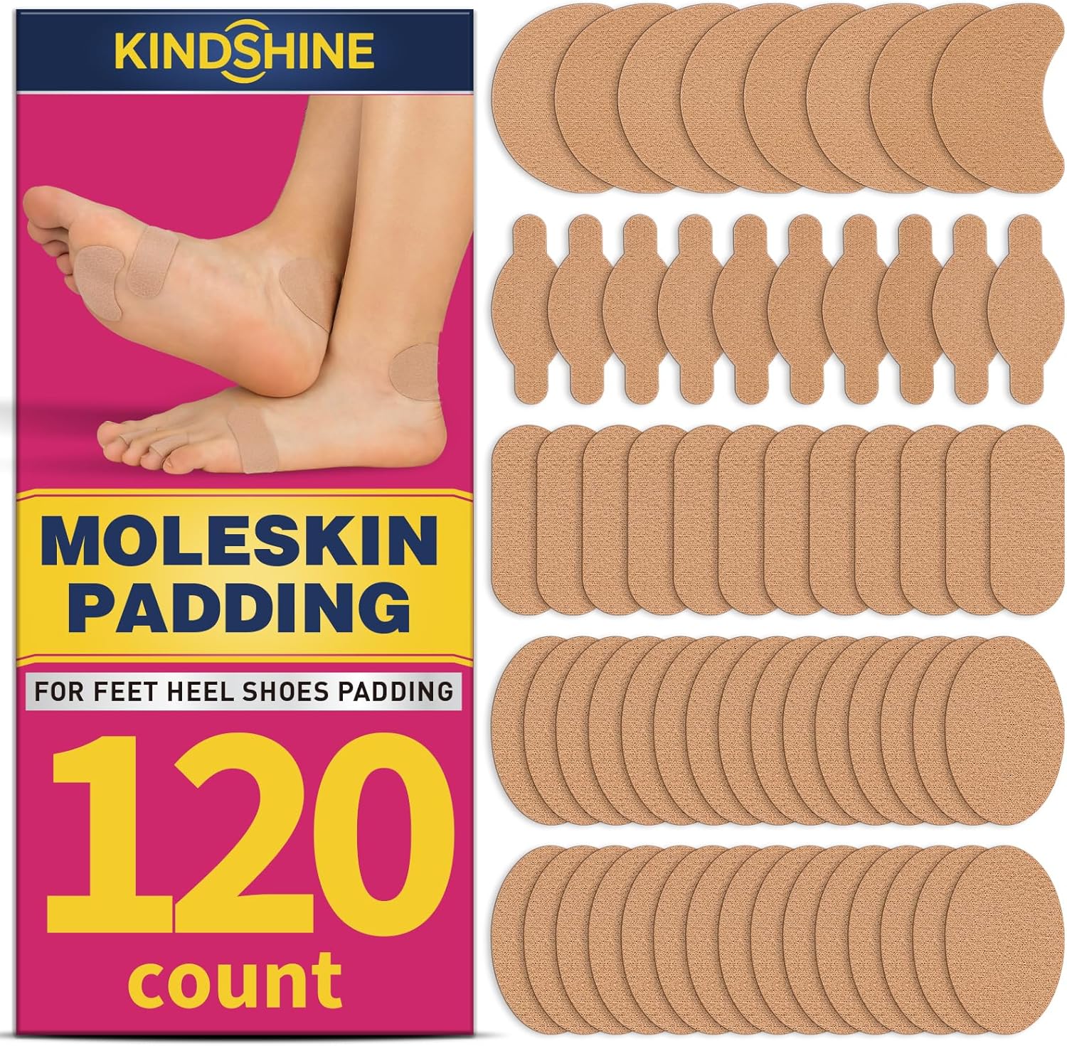 Kindshine 120 Pieces Moleskin Strips front view blister prevention pads