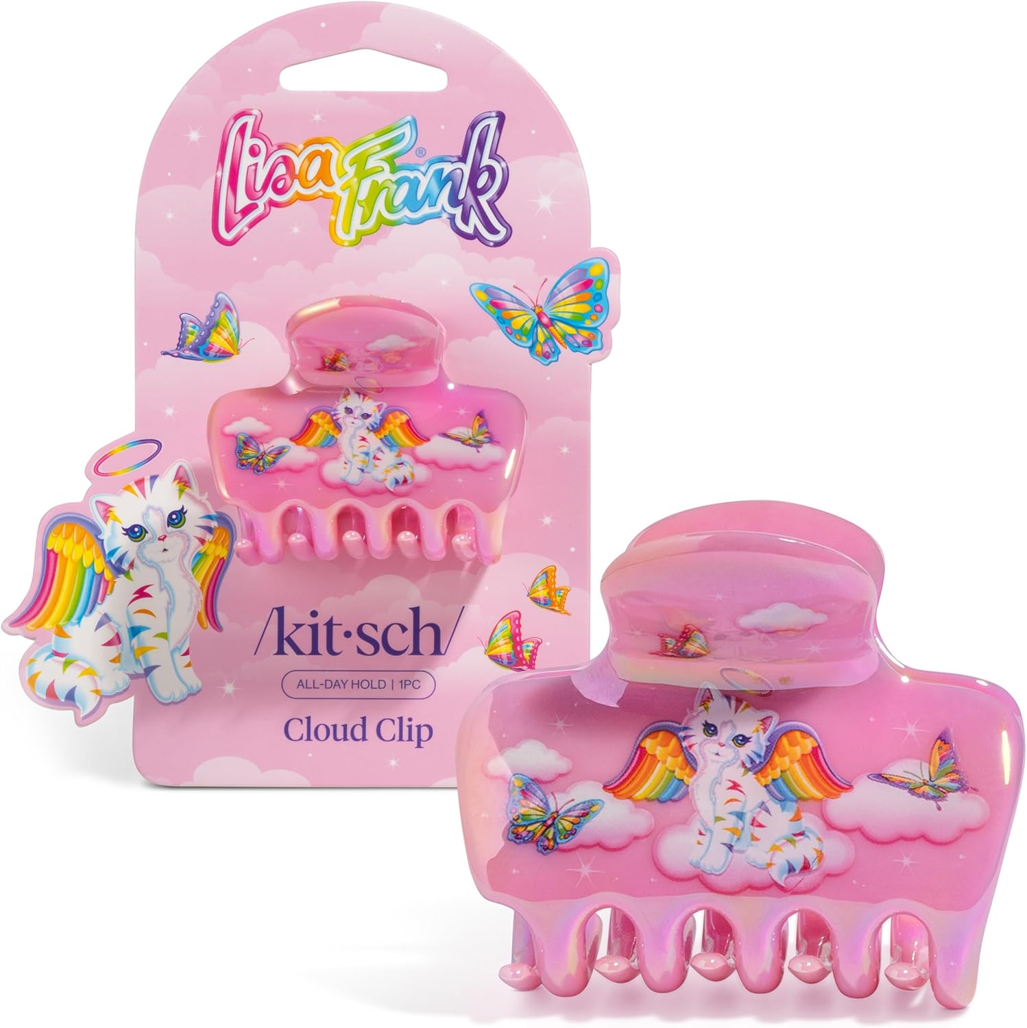 Kitsch Lisa Frank medium cloud hair clip front view featuring pink rainbow angel kitty design