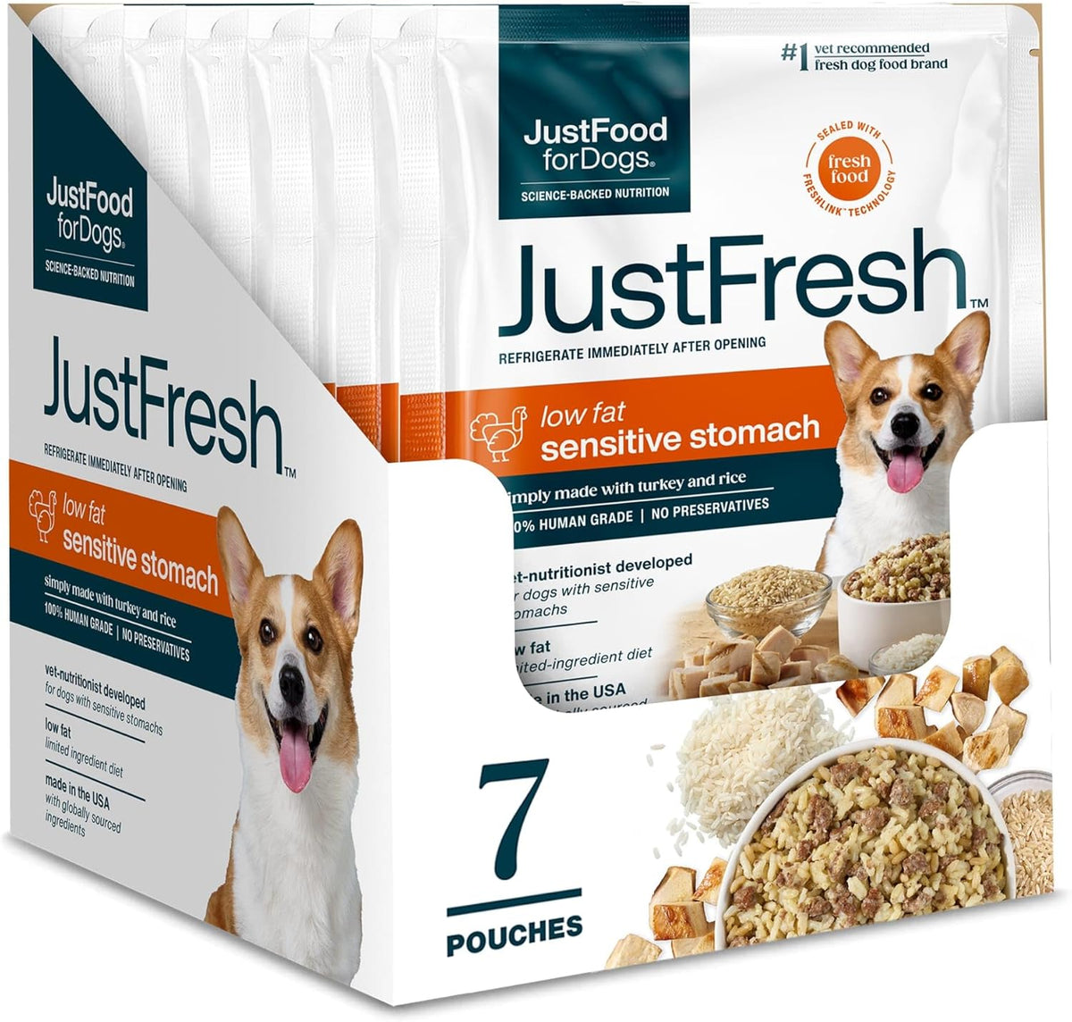 JustFoodForDogs JustFresh Sensitive Stomach Turkey and Rice dog food front view pouch packaging