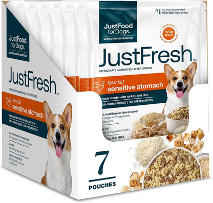 JustFoodForDogs JustFresh Sensitive Stomach Turkey and Rice dog food front view pouch packaging