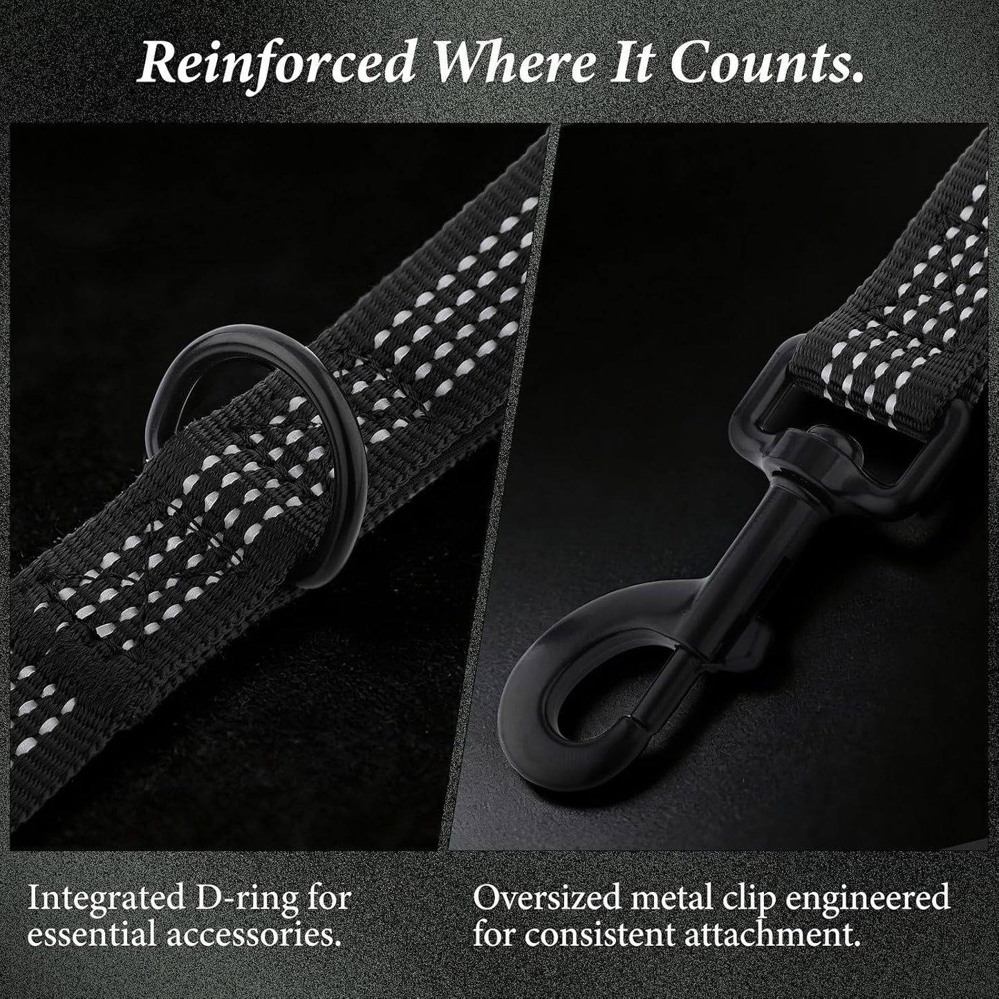 APAKBAK reflective dog leash highlighting the double sided safety stitching in low light.