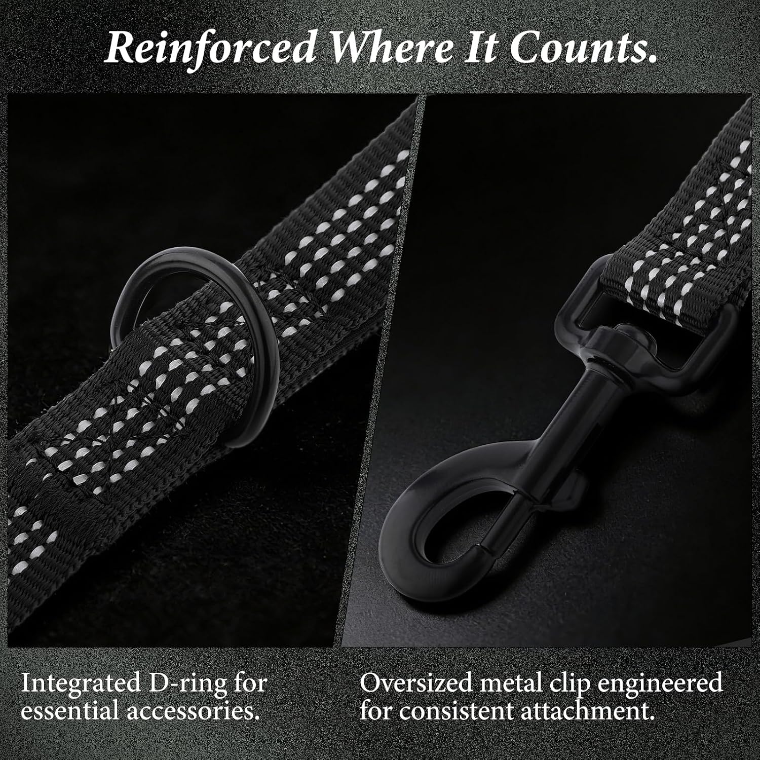 APAKBAK reflective dog leash highlighting the double sided safety stitching in low light.