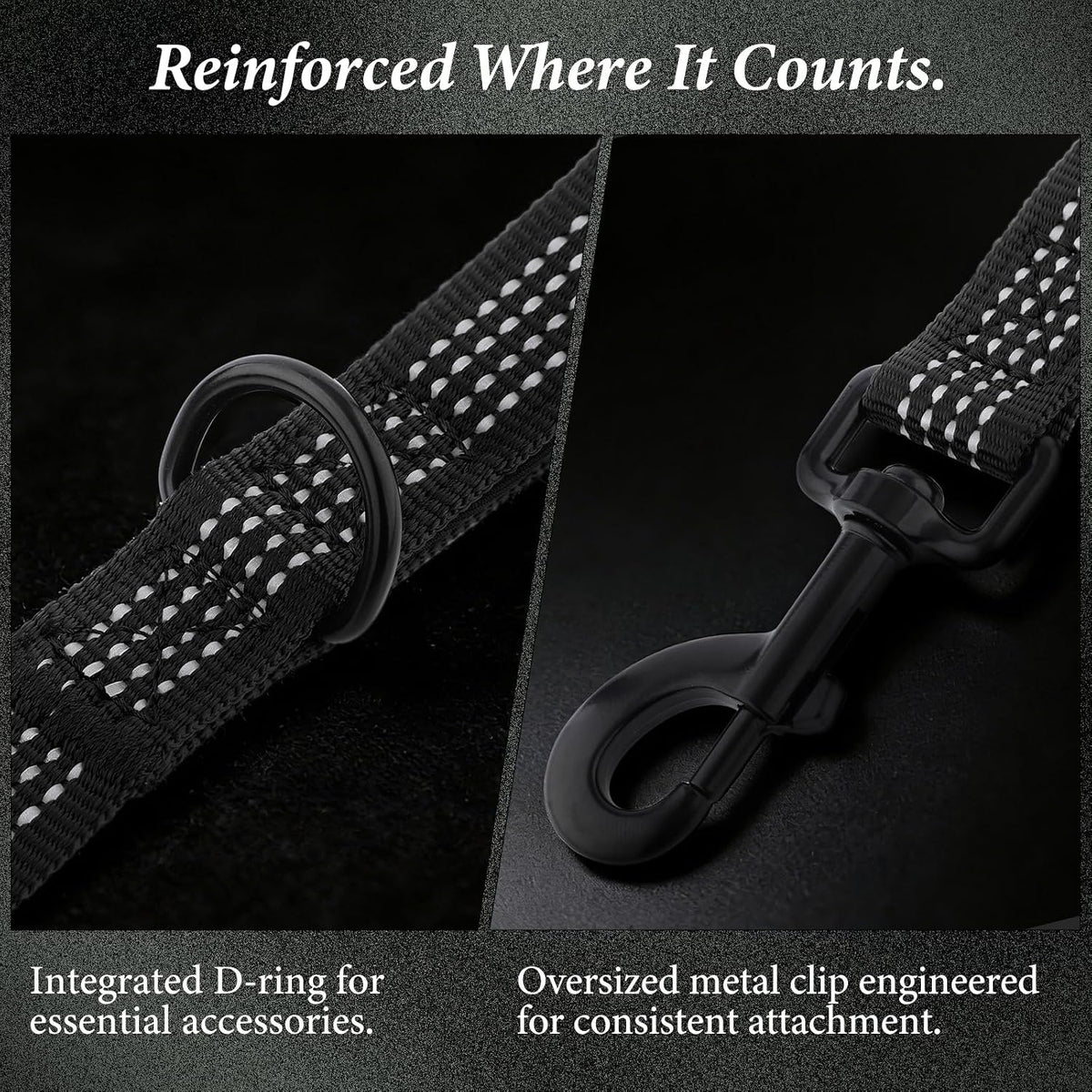 APAKBAK reflective dog leash highlighting the double sided safety stitching in low light.