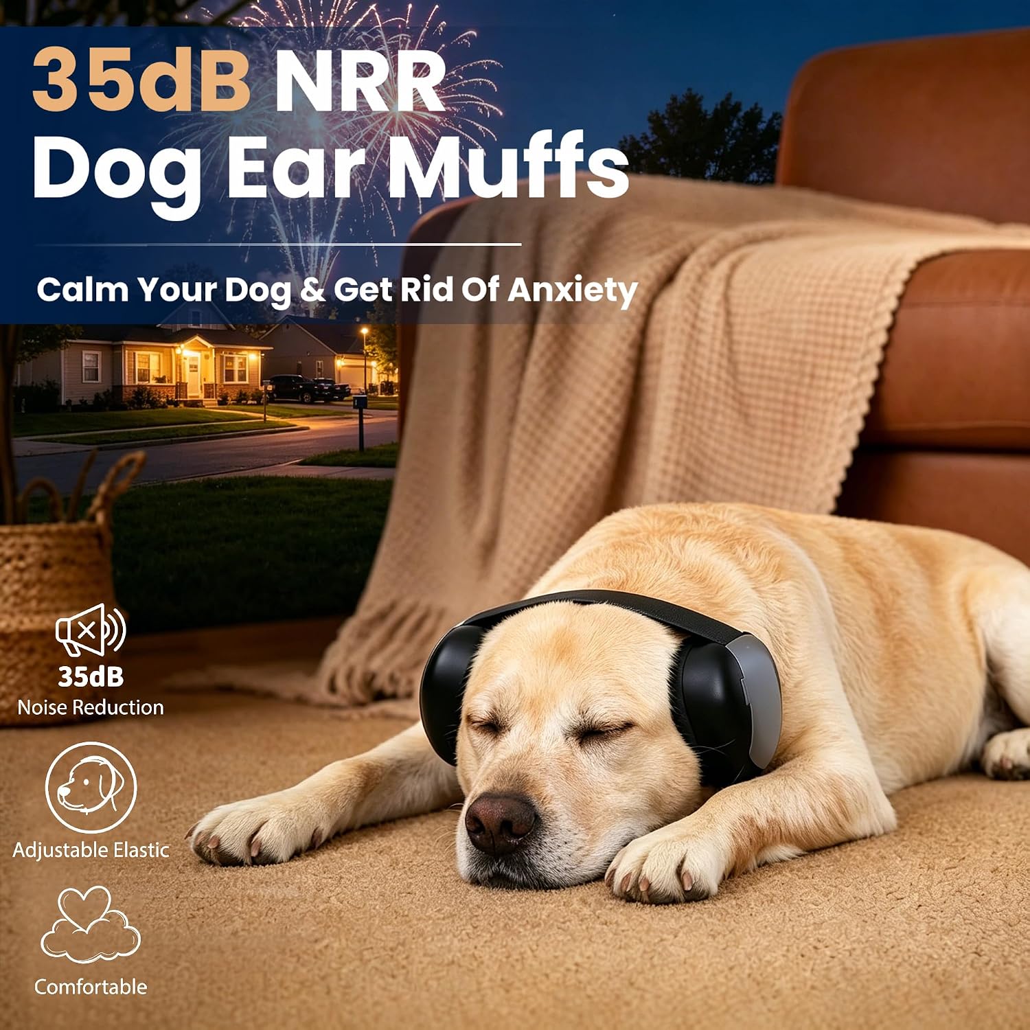 Petvolve noise protection headphones for dogs displayed next to the included travel storage bag.