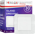 Healqu Island Dressing box front view showing thirty count sterile bordered gauze pads.