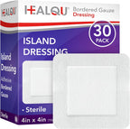 Healqu Island Dressing box front view showing thirty count sterile bordered gauze pads.