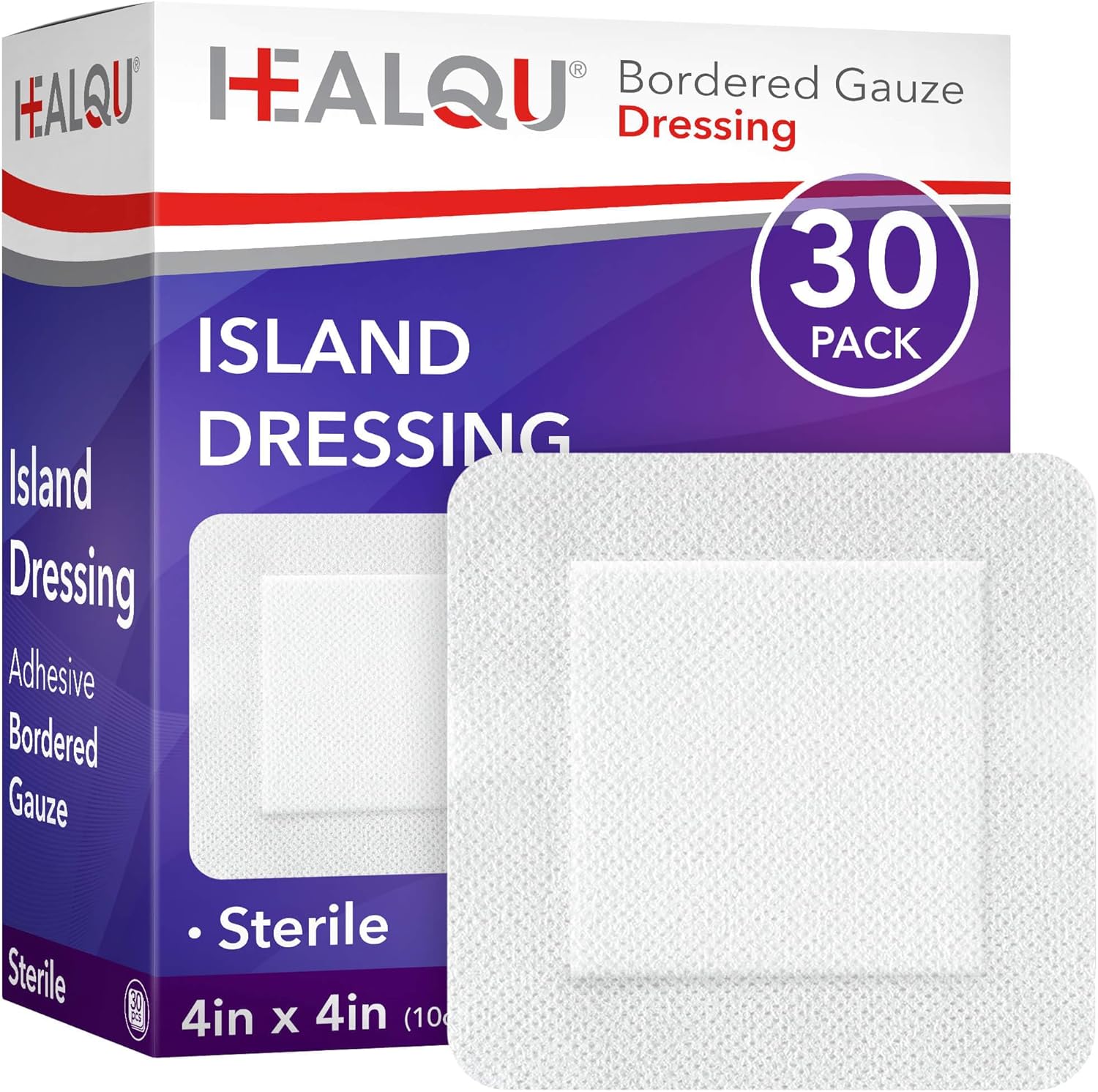 Healqu Island Dressing box front view showing thirty count sterile bordered gauze pads.