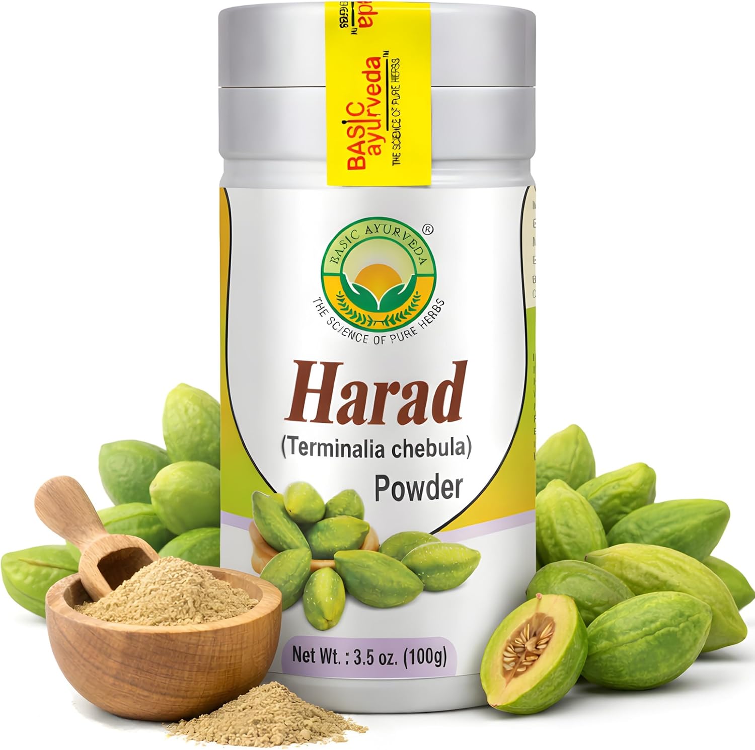 Basic Ayurveda Haritaki Harad Powder bottle front view