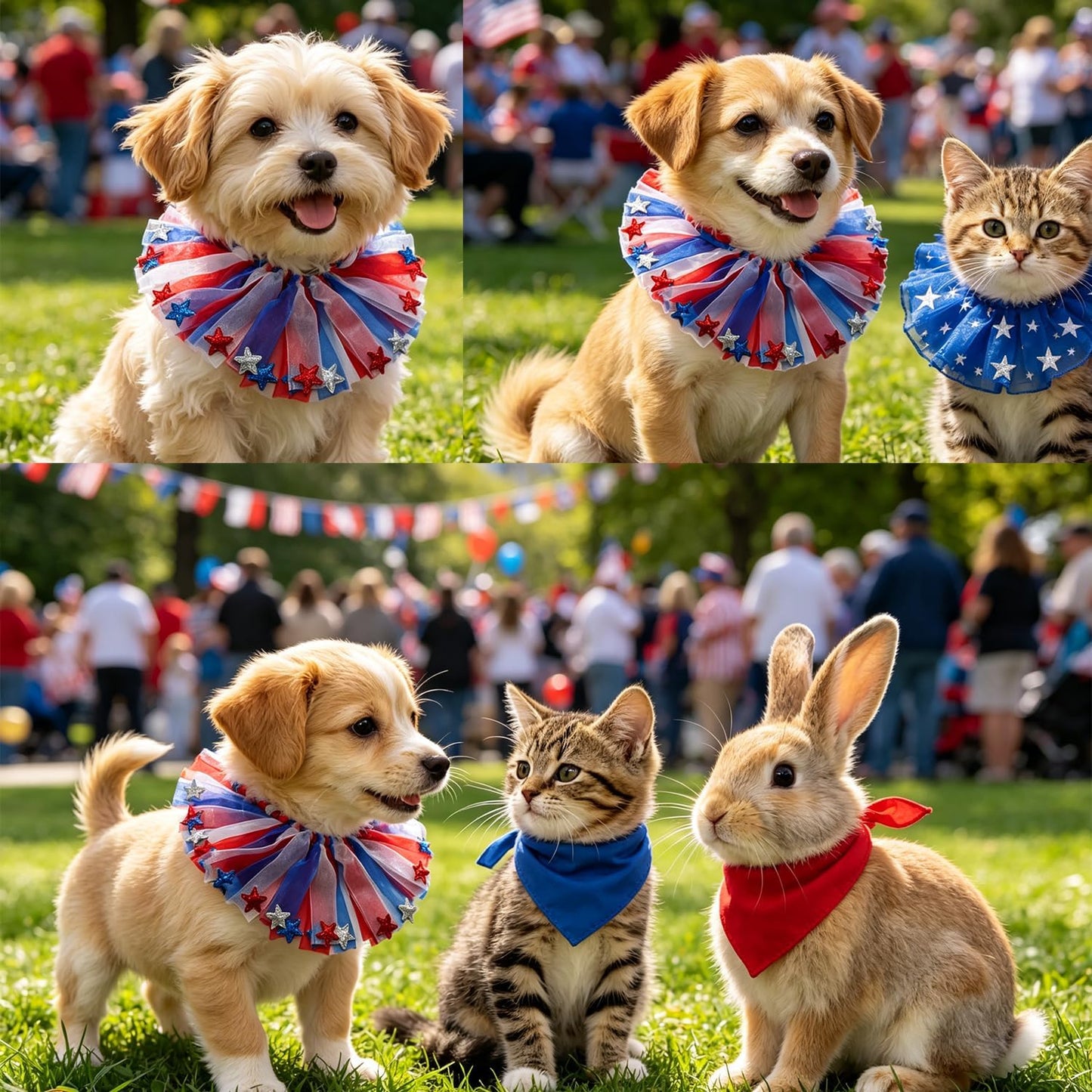 Close up view of the glittery star ornaments on the patriotic dog costume necklace
