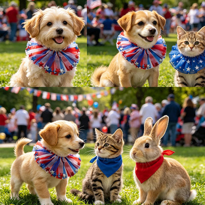 Close up view of the glittery star ornaments on the patriotic dog costume necklace
