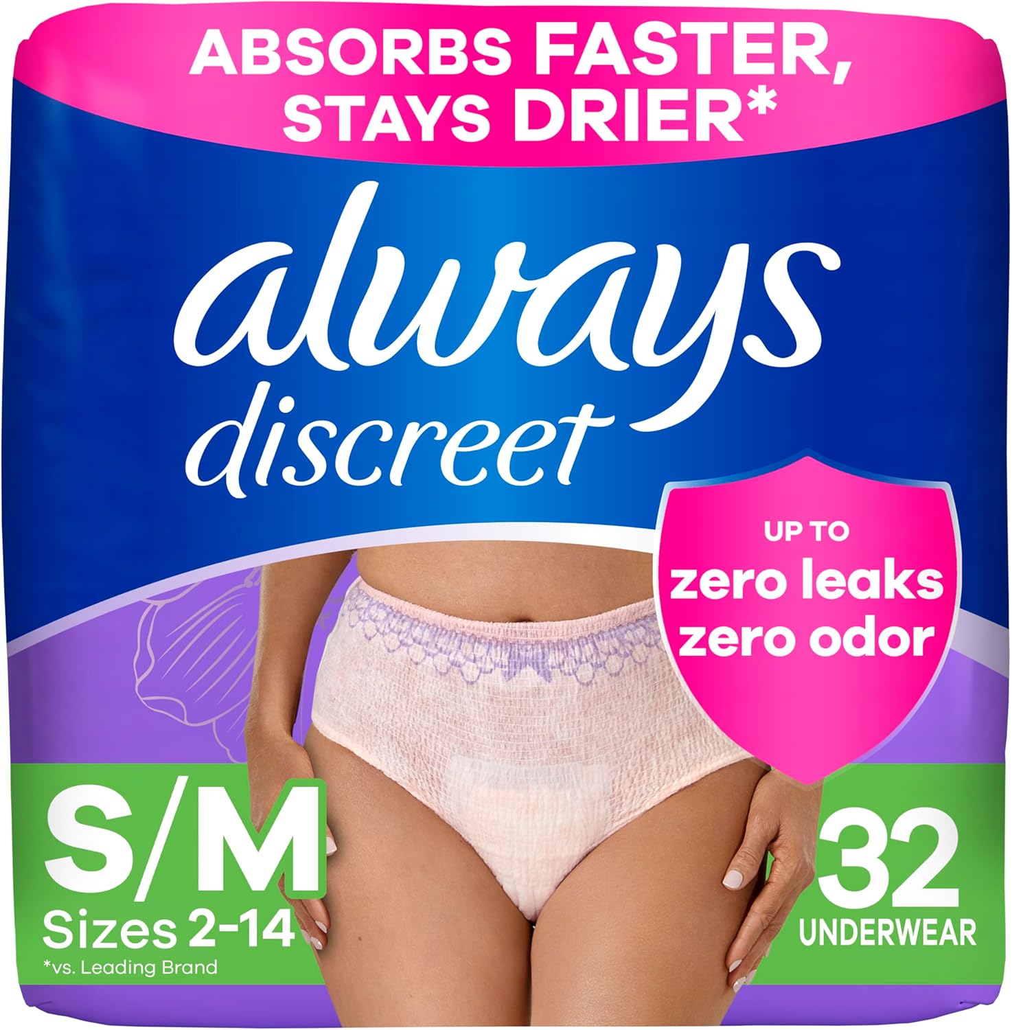 Always Discreet incontinence underwear for women small medium 32 count front package view