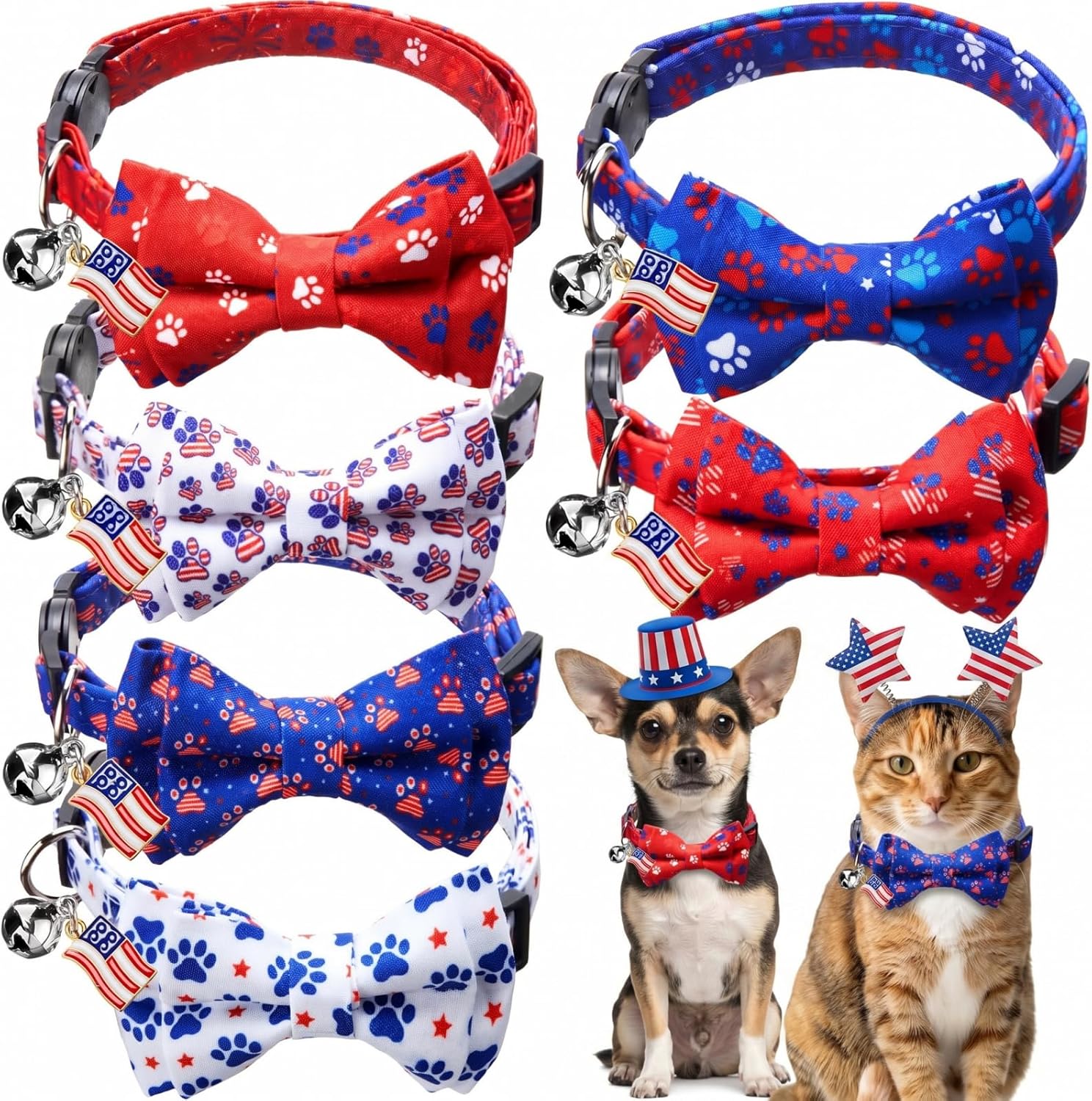 Hsei 6 Pcs 4th of July Cat Bow Collars Pariotic 250th Anniversary Kitten Breakaway with Tie Bell USA Star Red Blue White Adjustable Bowtie for Funny Boy Girl Cats Small Dog Bowtie American Gifts - Image 9