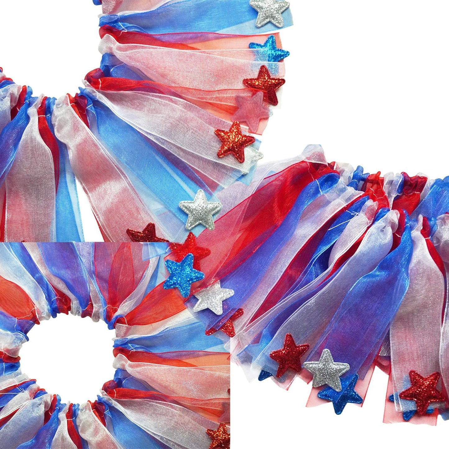 Small puppy wearing the red white blue ruffle costume accessory for a festive photoshoot
