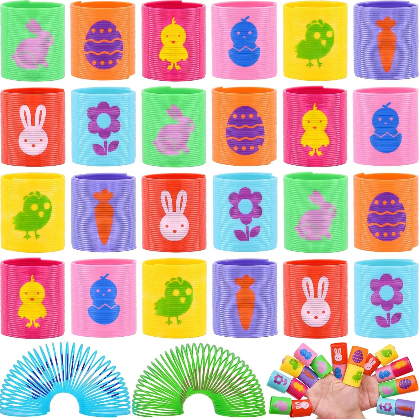 Howzcci Easter mini coil springs front view showcasing vibrant multi-colored plastic slinky toys.