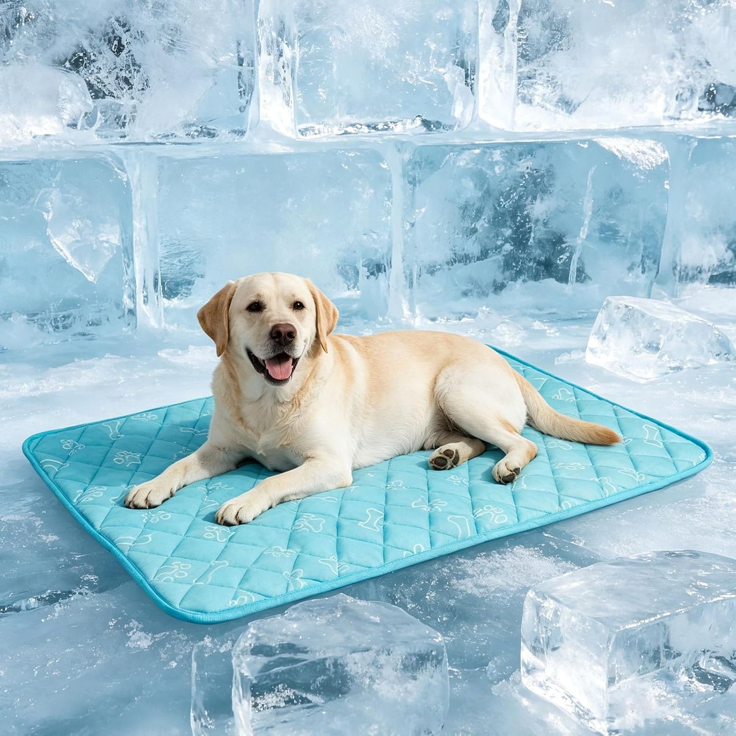 BEAUTYZOO Dog Cooling Mat front view showing blue paw print pattern on floor