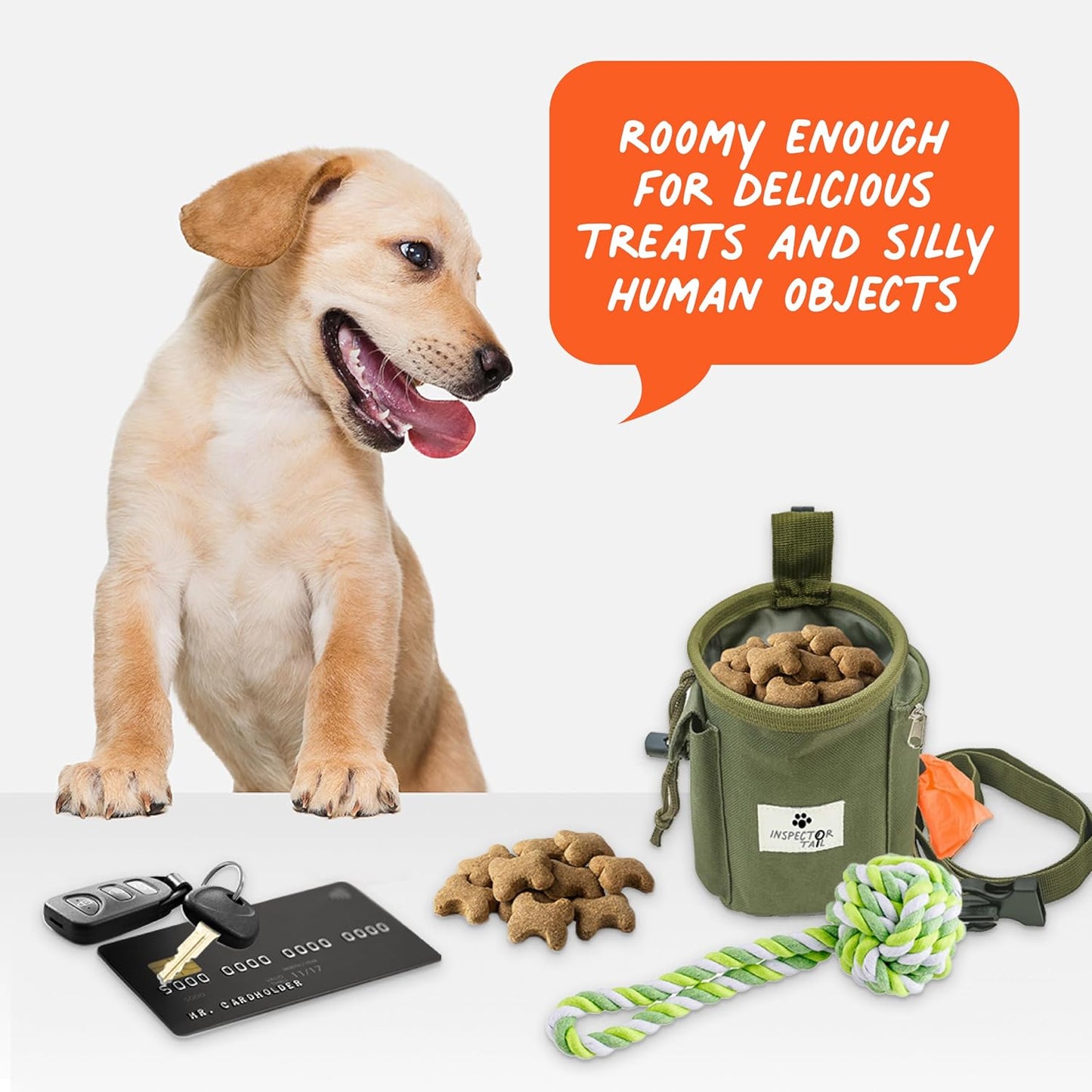 Two cup capacity pet treat bag with wide access point perfectly sized for quick pet rewarding sessions