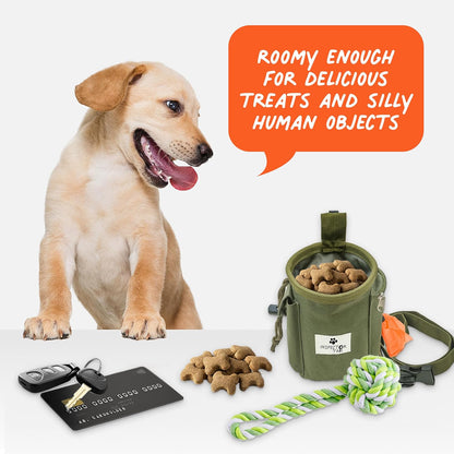 Two cup capacity pet treat bag with wide access point perfectly sized for quick pet rewarding sessions