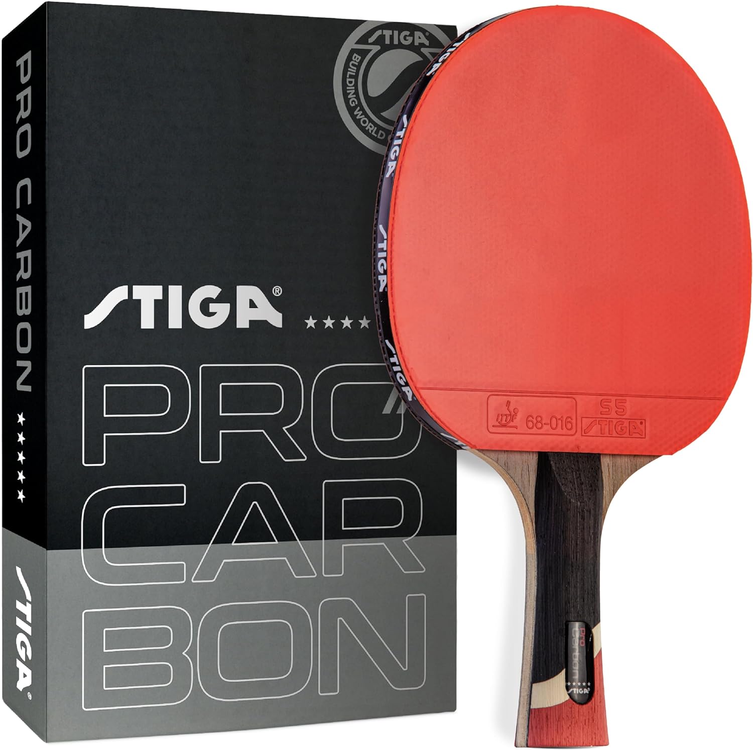 STIGA Pro Carbon Wooden Table Tennis Racket front view showing the premium ITTF approved rubber