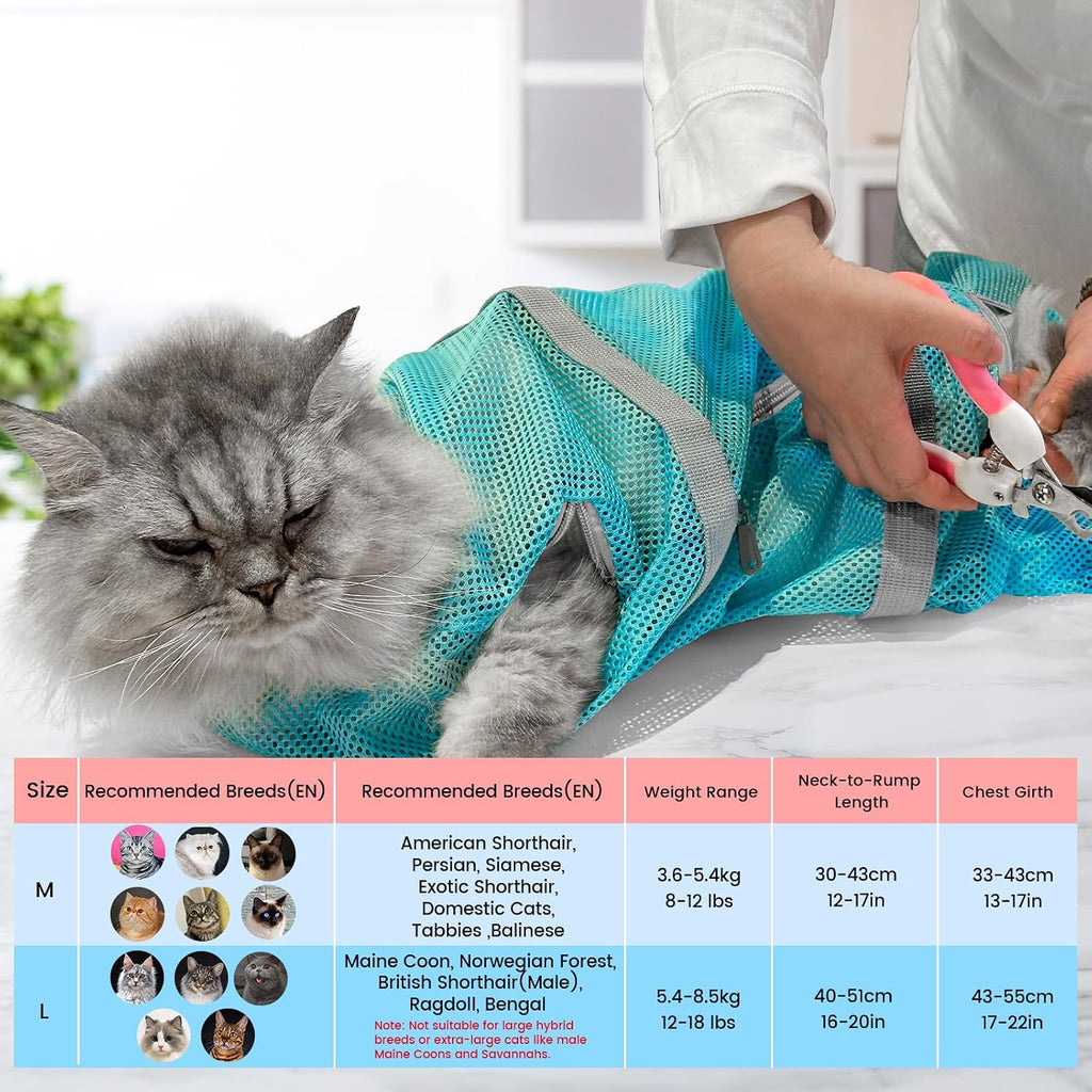 Adjustable cat shower net bag preventing scratches during veterinary exams