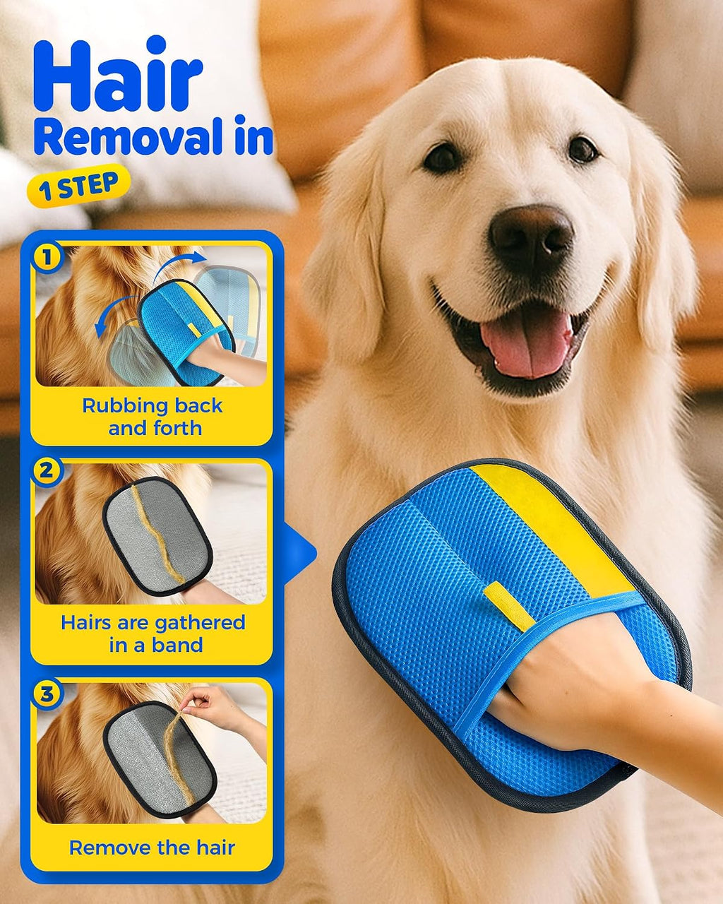Blue electrostatic fur remover gloves sweeping pet hair off a fabric couch