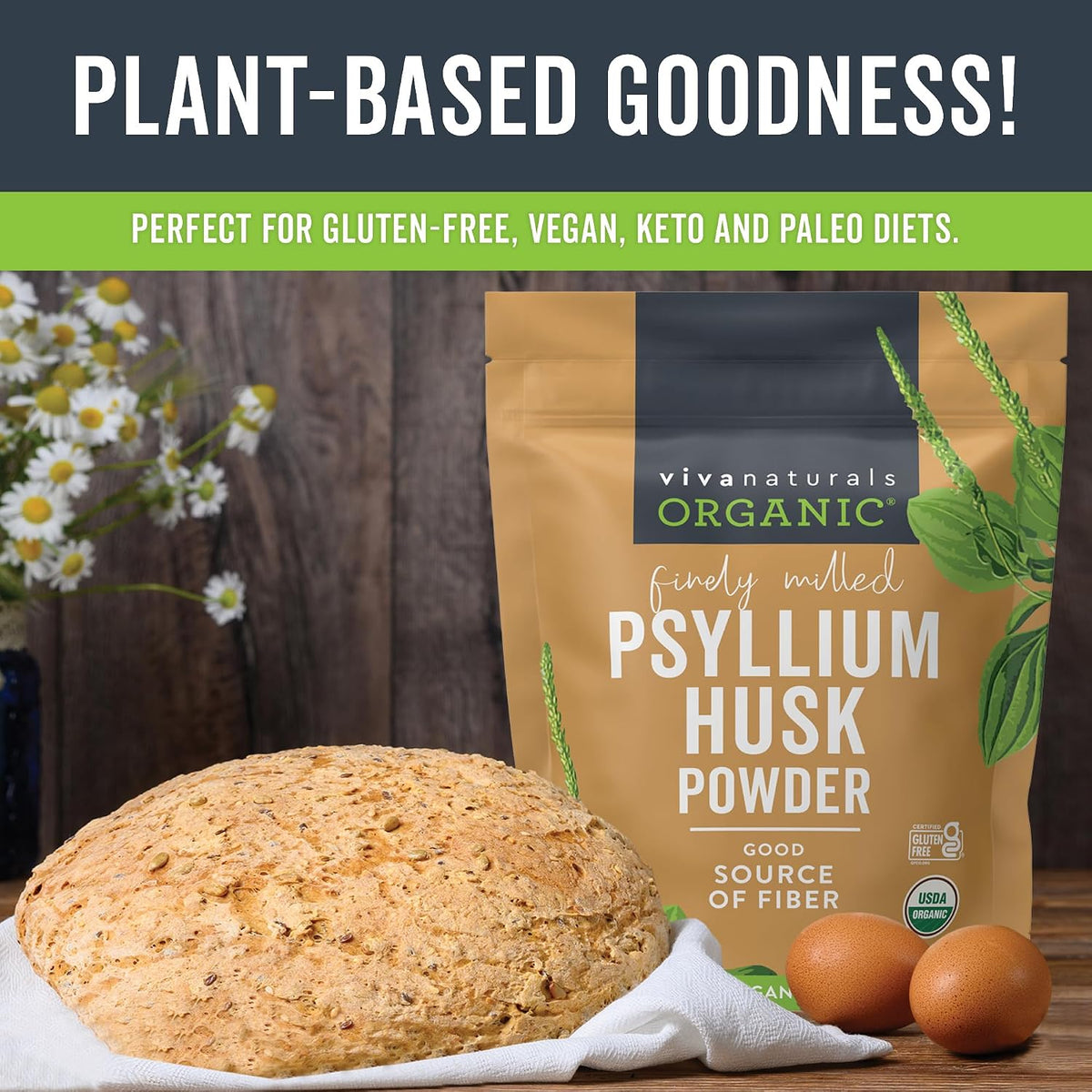 Viva Naturals Organic Psyllium Husk Powder close up texture of fine powder