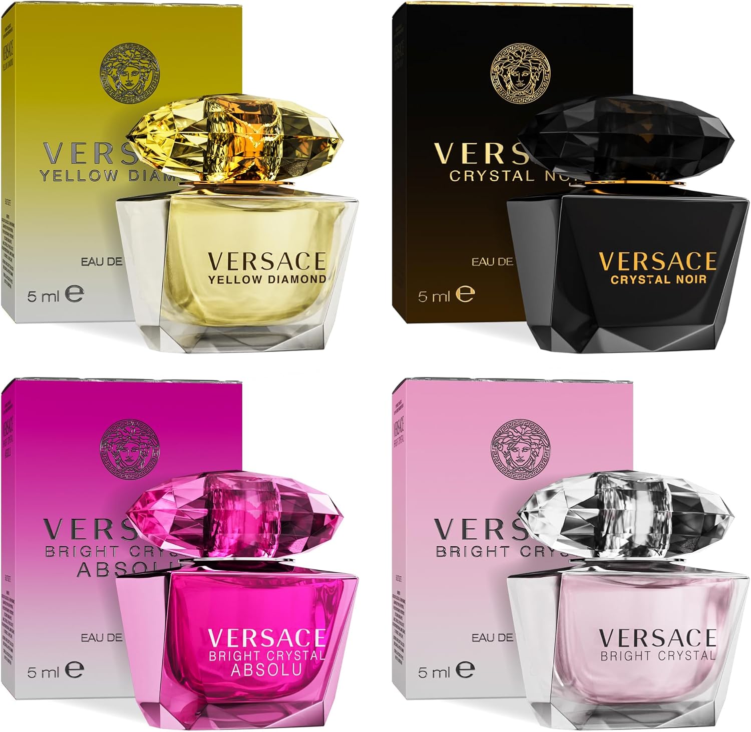 Versace Crystal Collection miniature perfume gift set front view featuring four luxury women's fragrance bottles.