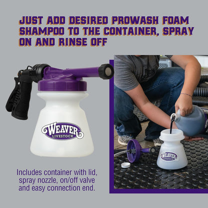 Hose end animal foaming gun container with lid and valve