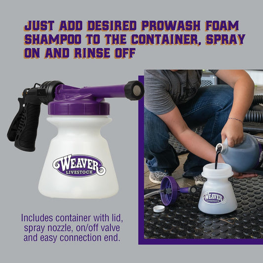 Hose end animal foaming gun container with lid and valve