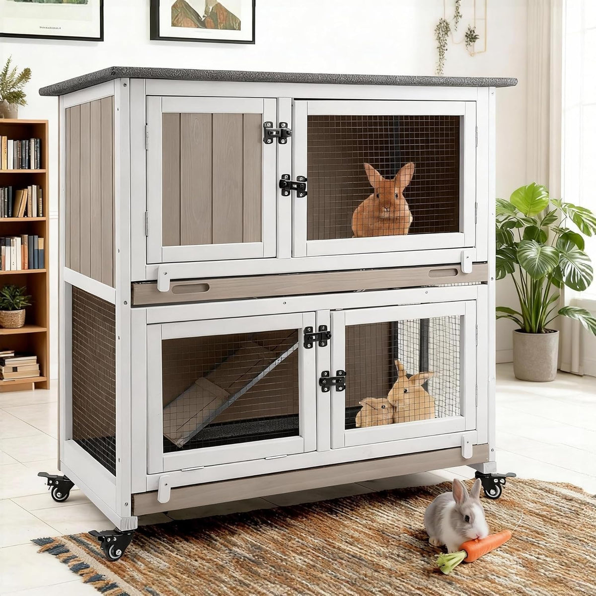 2 Story Rabbit Hutch Indoor & Outdoor, Wooden Rabbit Cage with 2 Leak-Proof Pull-Out Trays, 4 Wheels, Ramp, Chew-Anti Metal Strip for Rabbit, Guinea Pig, Hamster (36" L x 17.8" W x 36.7" H) - Image 1