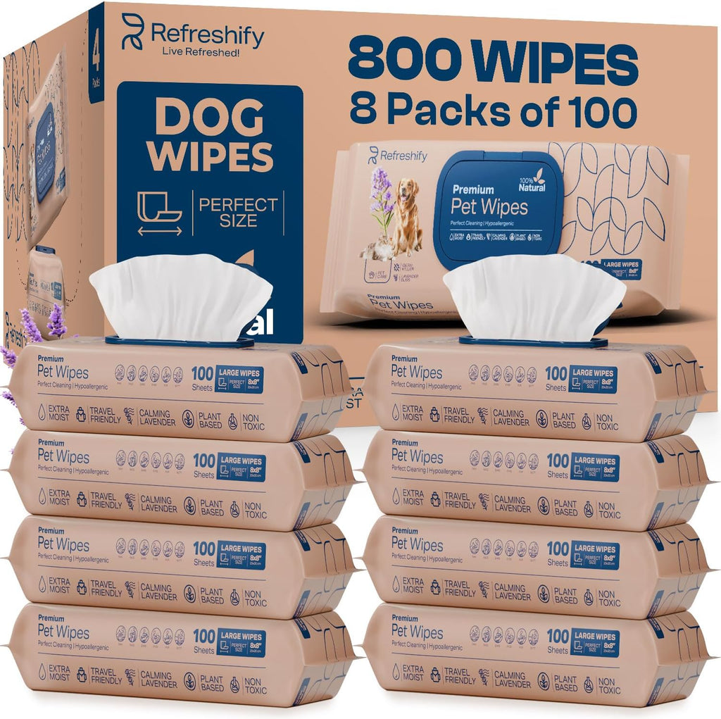 Refreshify hypoallergenic dog and cat wipes showing aloe and vitamin E benefits.