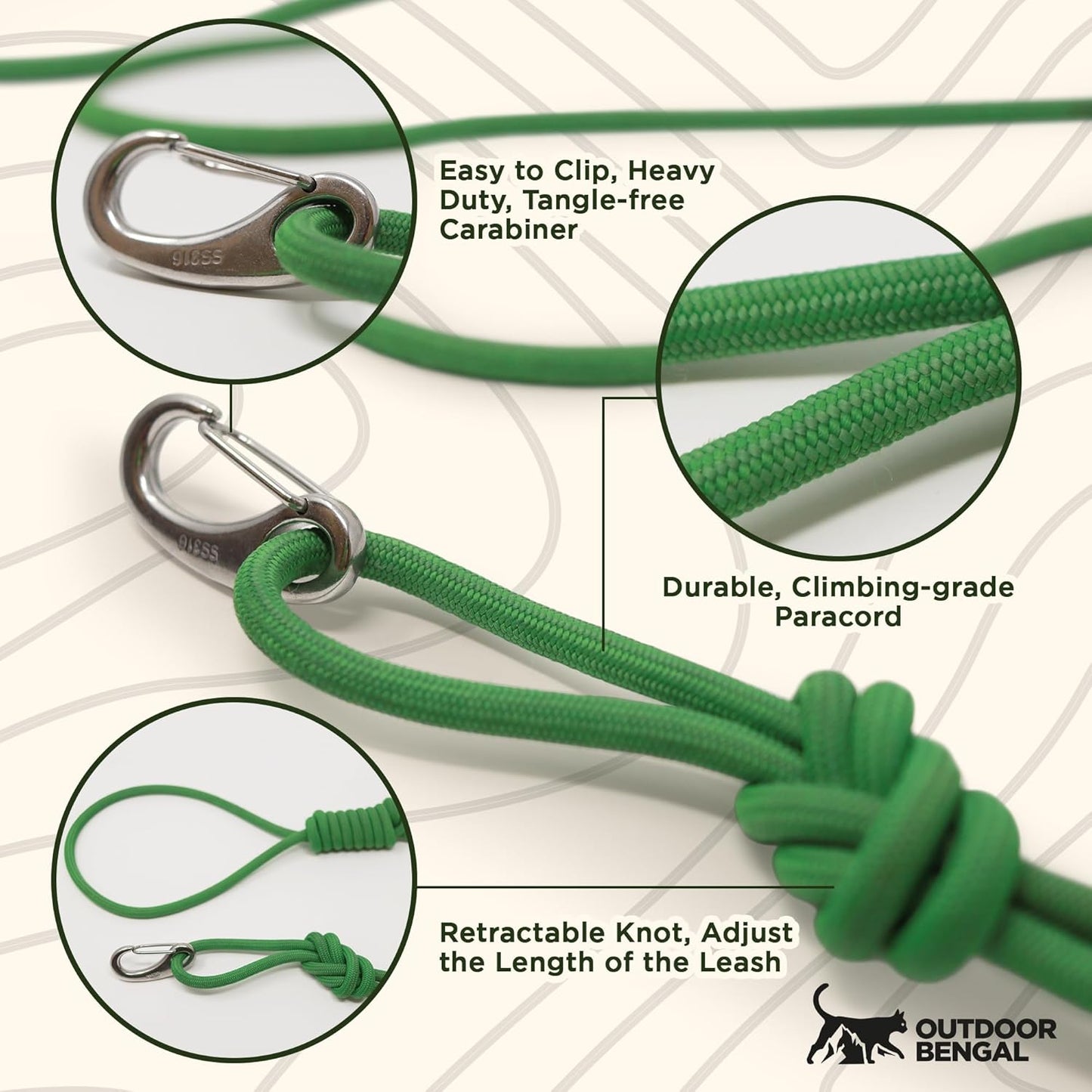 Close up of rust-free egg-shaped carabiner on pet leash