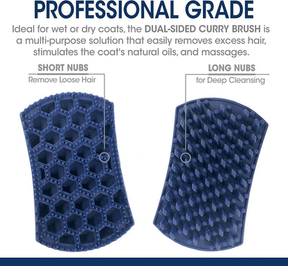Four Paws dog grooming brush showing the long silicone nubs side for deep skin cleansing