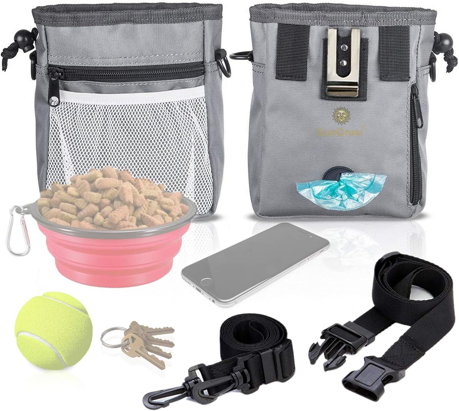 SunGrow gray treat carrier showing zipped pocket with keys and phone inside