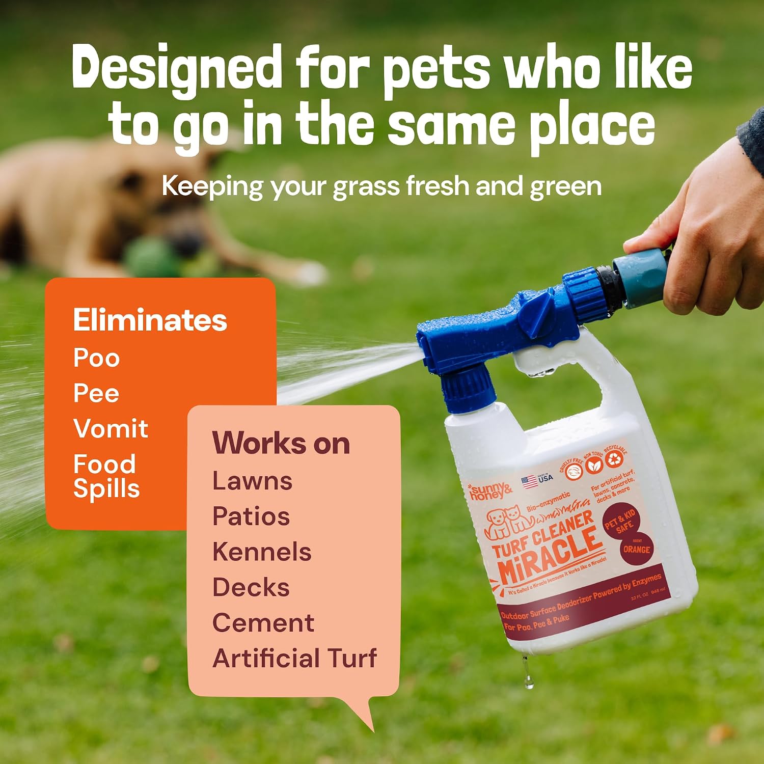 Close up of Sunny & Honey pet odor eliminator spray bottle