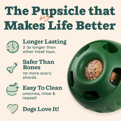 Green Woof Pupsicle ball next to yellow silicone treat tray