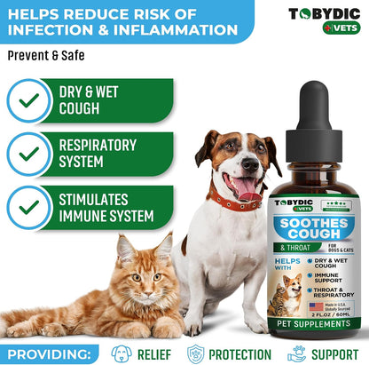 Tobydic throat support dropper bottle with natural ingredients list for dog and cat breathing comfort.