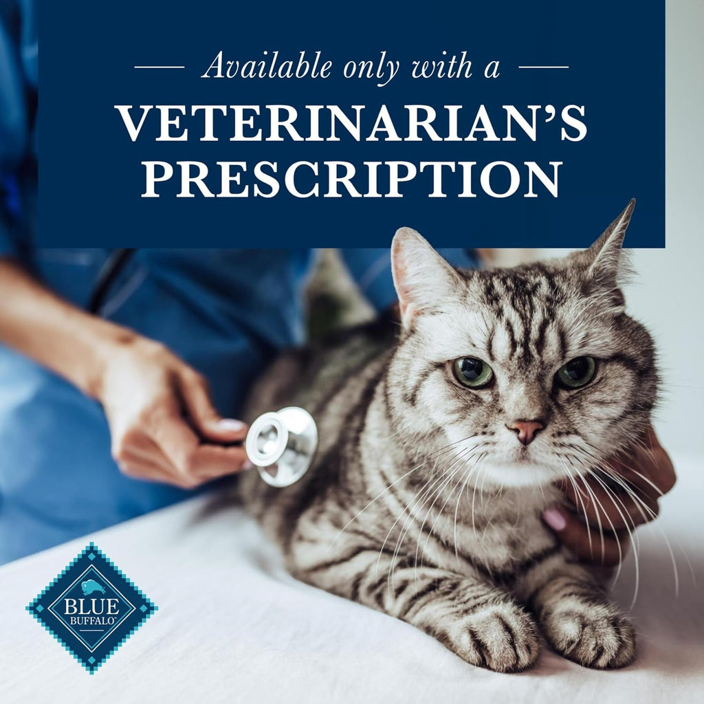 Blue Buffalo prescription cat food bag next to measuring cup