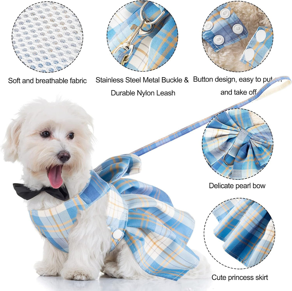 Cute small female dog dress with large decorative bow tie and integrated metal D ring.