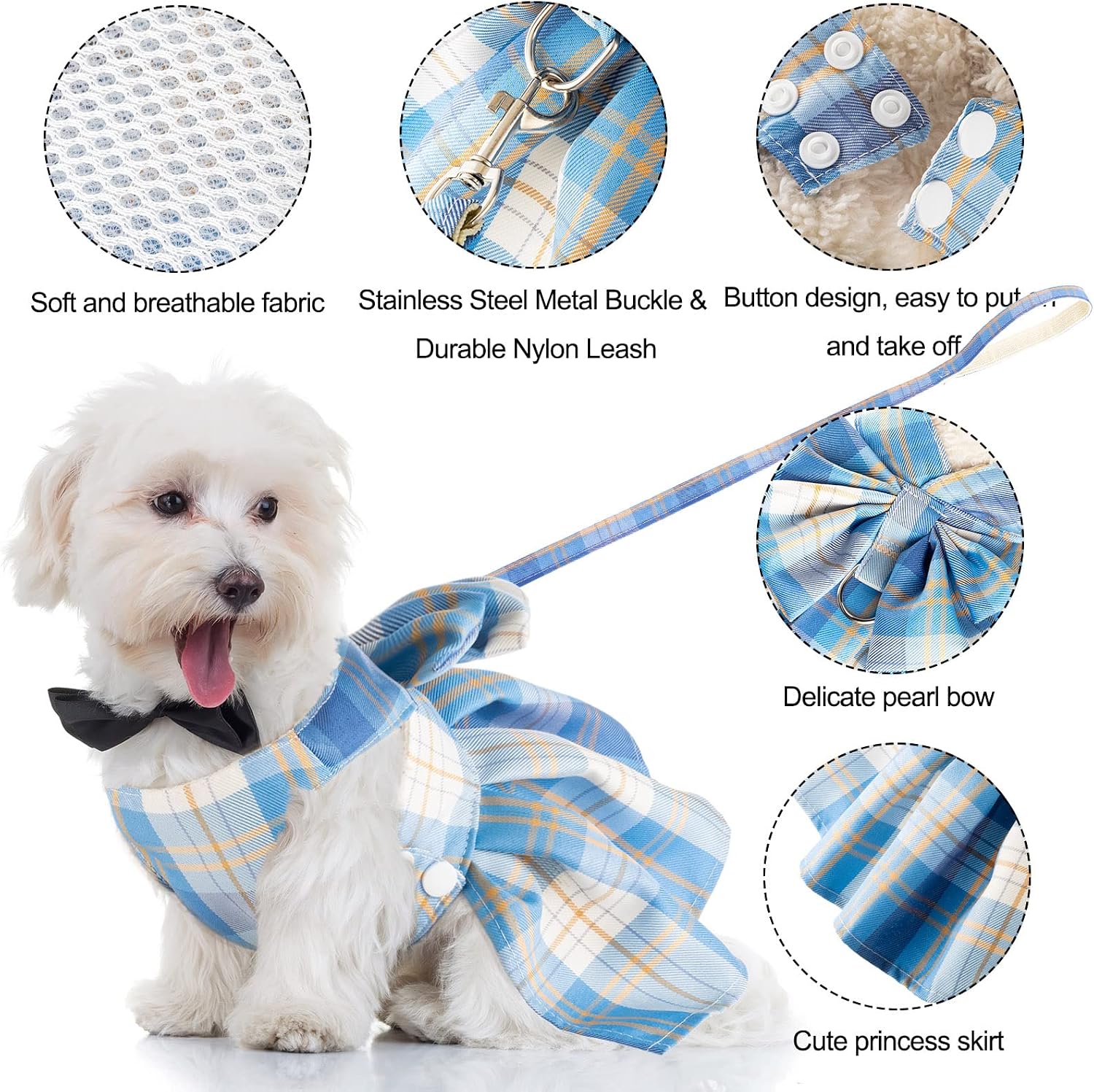 Cute small female dog dress with large decorative bow tie and integrated metal D ring.
