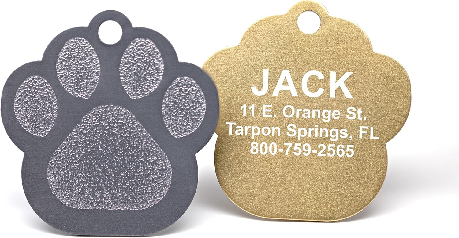 Providence Engraving gold heart shaped personalized dog tag attached securely to a collar