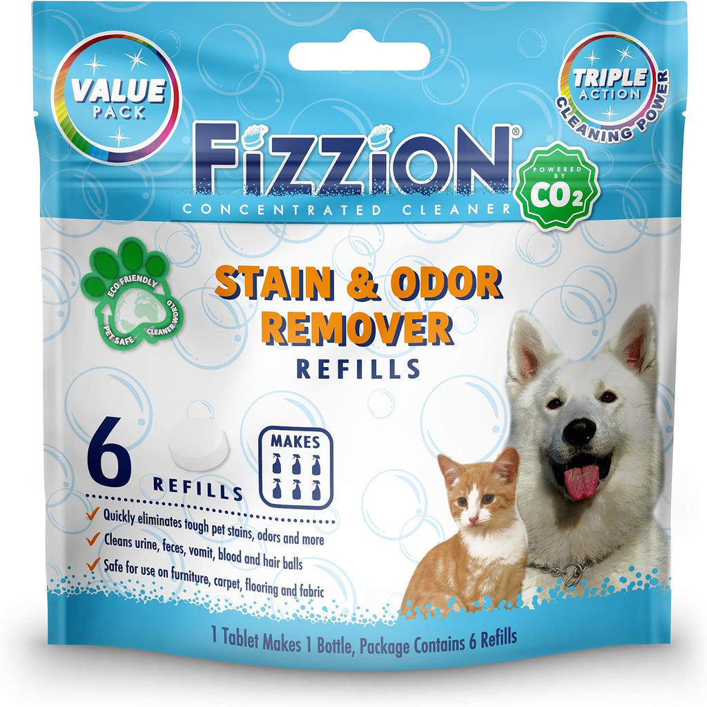Fizzion pet stain and odor eliminator original six count pack front view packaging