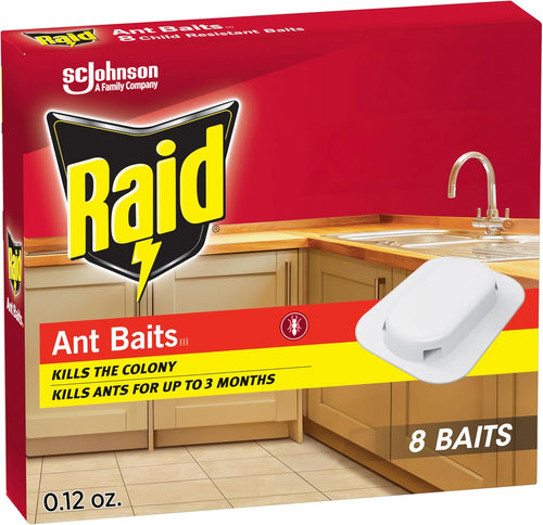 Raid Ant Killer Baits front view packaging showing eight count box for home pest control.