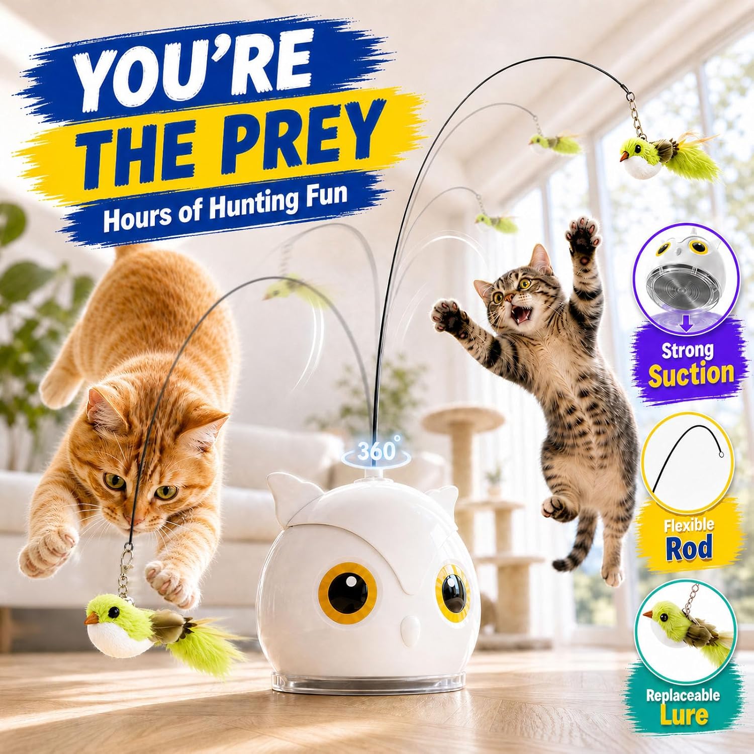 CATPICK electric cat teaser showing the USB charging port and power switch