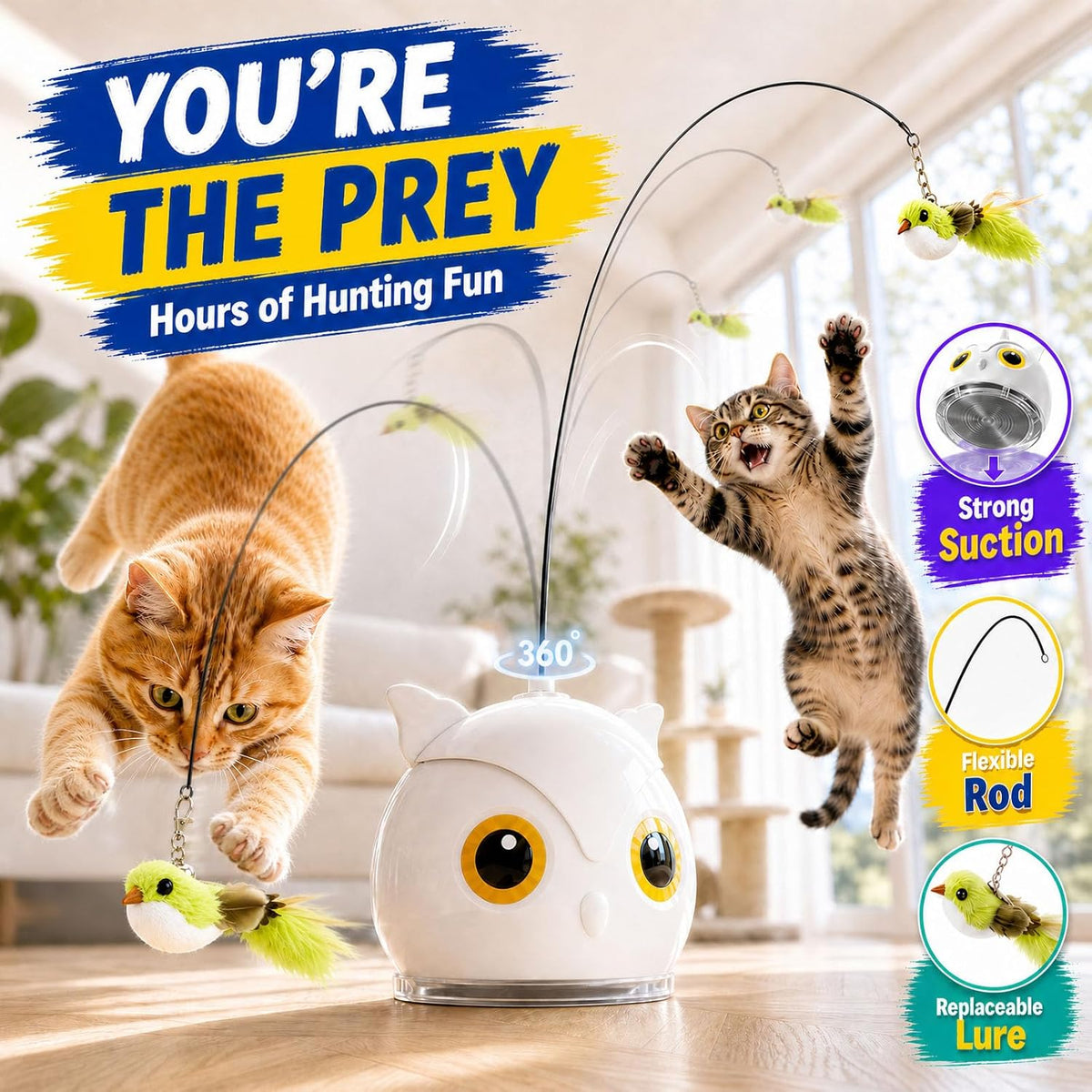 CATPICK electric cat teaser showing the USB charging port and power switch