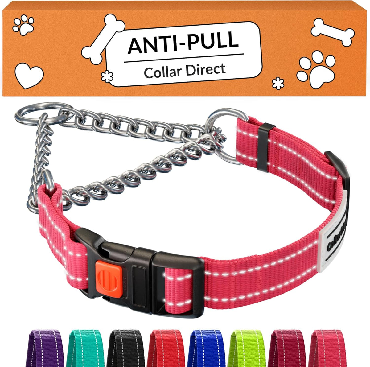 CollarDirect Reflective Martingale Dog Collar front view in pink nylon showing stainless steel chain