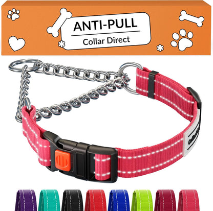 CollarDirect Reflective Martingale Dog Collar front view in pink nylon showing stainless steel chain