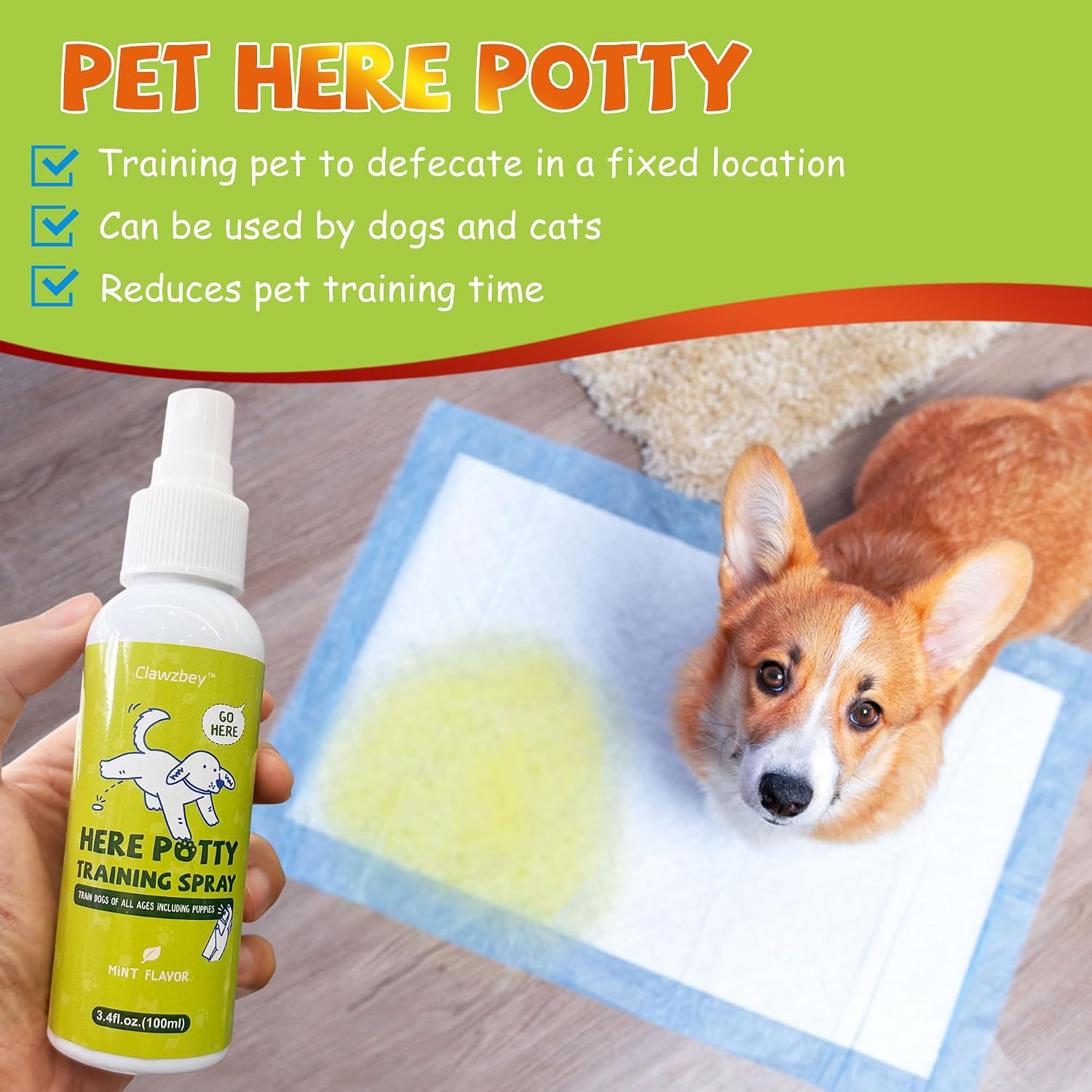 Dog potty training spray set on puppy pee pad