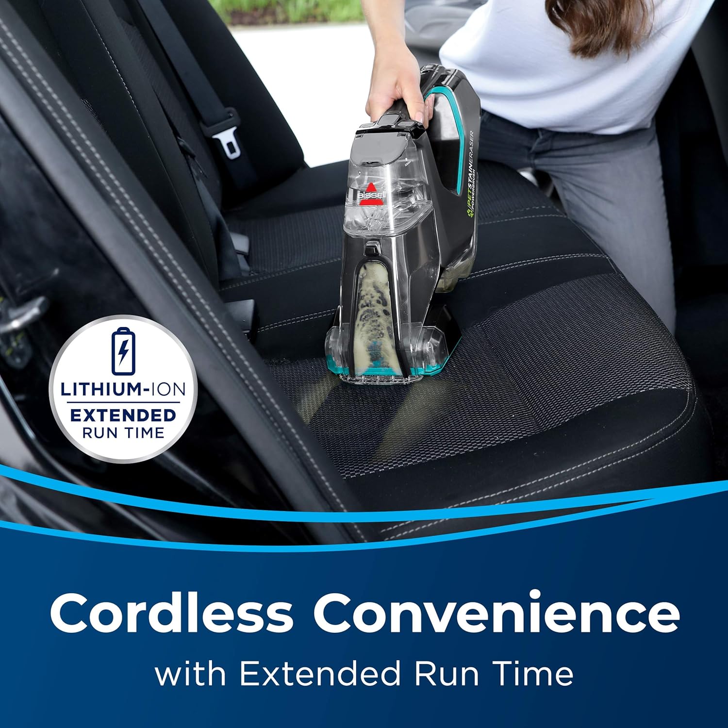 Bissell cordless pet stain remover cleaning a living room rug