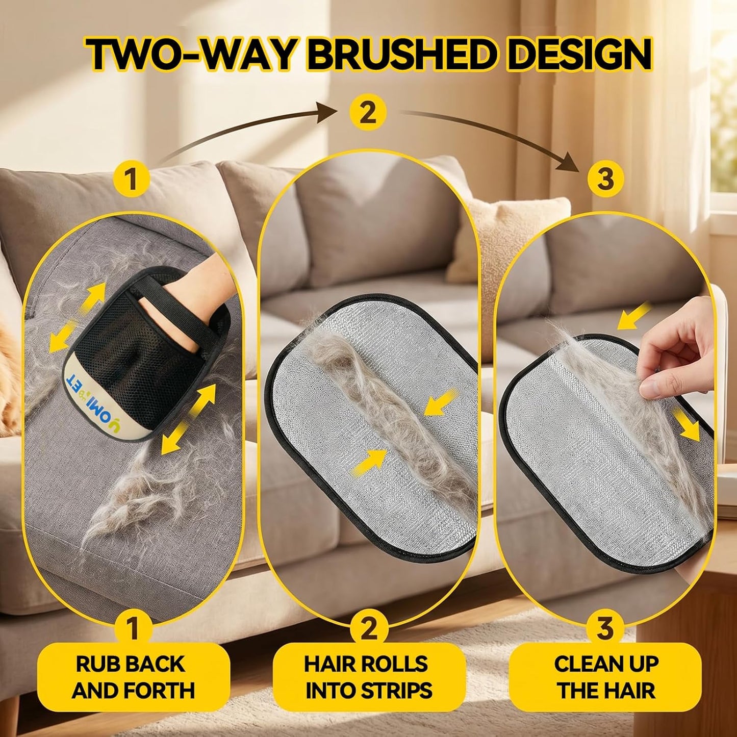 Electrostatic pet hair remover glove cleaning dog fur from sofa